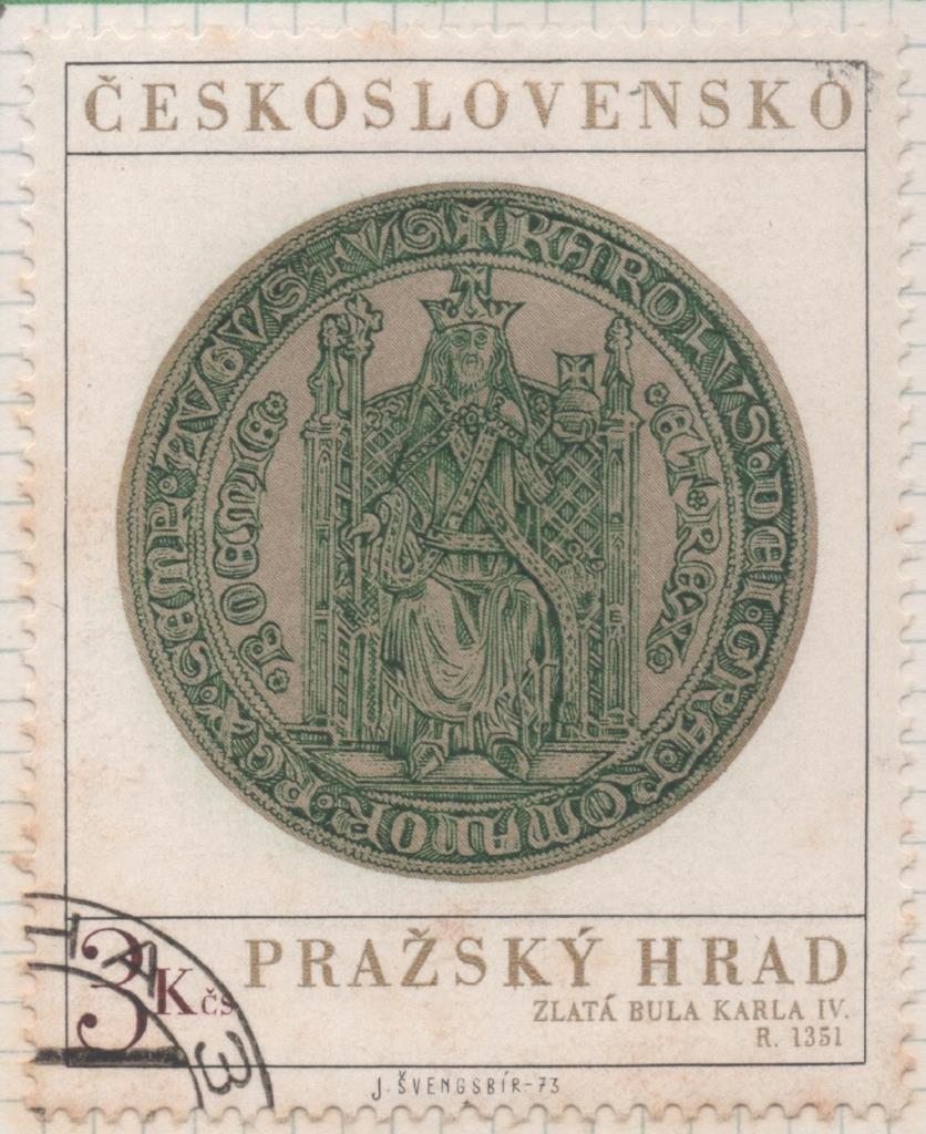 Sello E01796: hoja 117, Checoslovaquia: Sello Verde y dorado, dentado. Tesoros del Castillo de Praga.  Sello de oro de Carlos V. 1351,3 Koruny