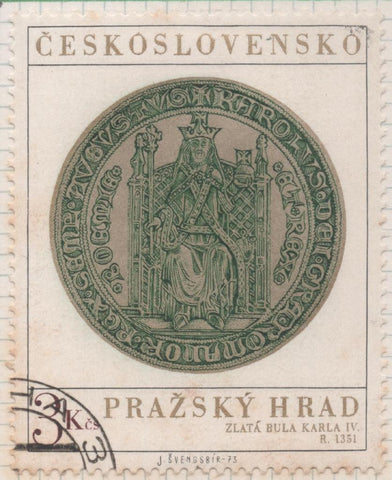 Sello E01796: hoja 117, Checoslovaquia: Sello Verde y dorado, dentado. Tesoros del Castillo de Praga.  Sello de oro de Carlos V. 1351,3 Koruny