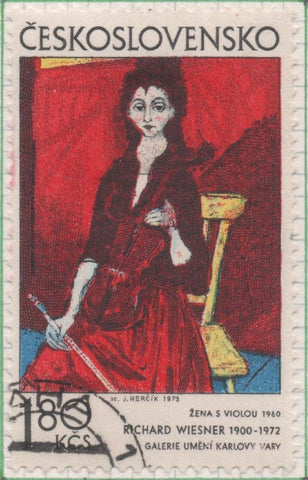 Sello E01795: hoja 117, Checoslovaquia: Sello Multicolor, dentado. Arte Gráfico. Mujer con viola. Richard Wiesner. 1960, 1,80 Koruna