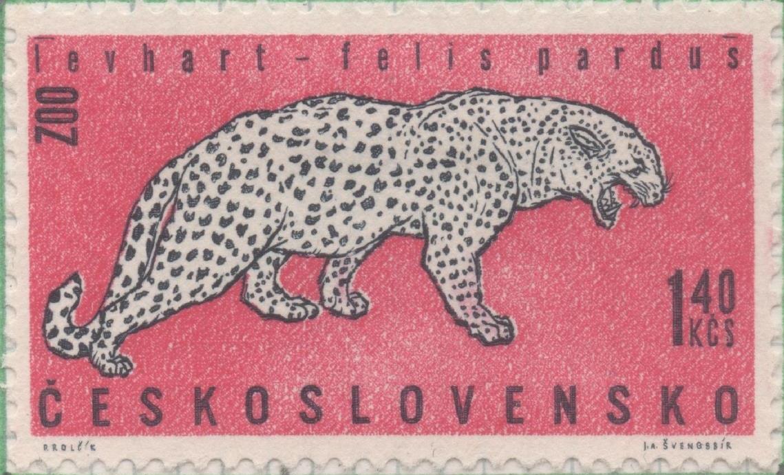 Sello E01081: hoja 71, Checoslovaquia: Sello Rosa oscuro y blanco dentado. Aniversario del Zoo de Praga. Leopardo, 1,40 Koruna                                      