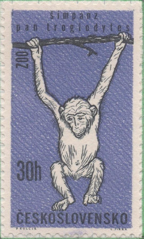 Sello E01079: hoja 71, Checoslovaquia: Sello Violeta y blanco dentado. Aniversario Zoo de Praga. Chimpanze, 30 haleru