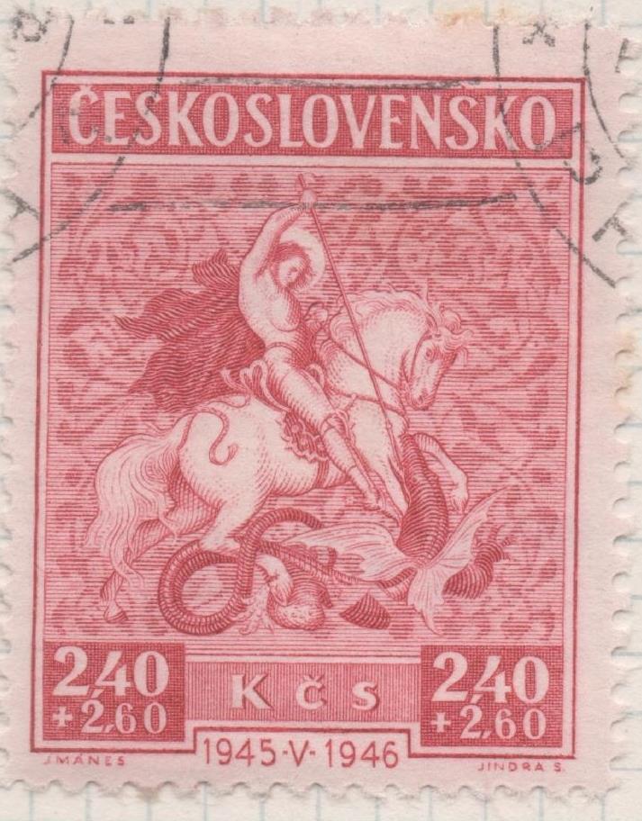 Sello E00368: hoja 27, Checoslovaquia: Sello Granate dentado. 1er Aniv. De la Liberación, 2,40+2,60 k c s