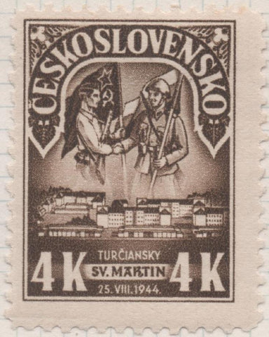 Sello E00363: hoja 27, Checoslovaquia: Sello Marron oscuro dentado. 1er Aniv. Revolución Eslovaca, 4 Koruny