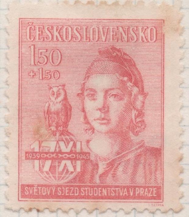 Sello E00359: hoja 26, Checoslovaquia: Sello Rojo dentado. Congreso Mundial de Estudiantes, 150+150