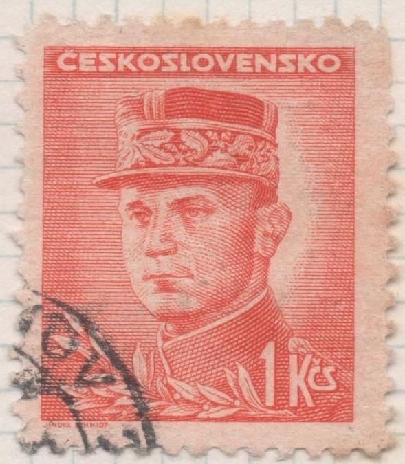 Sello E00347: hoja 26, Checoslovaquia: Sello Naranja dentado. Emisión de Londres. Personajes, 1 Koruna