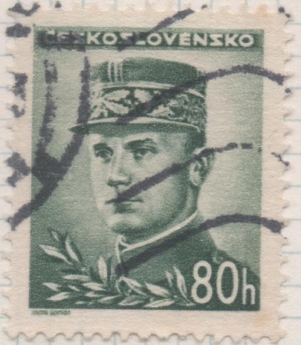 Sello E00346: hoja 26, Checoslovaquia: Sello Verde dentado. Emisión de Londres. Personajes, 80 Haleru