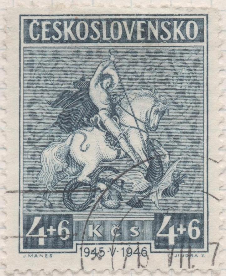 Sello E00369: hoja 27, Checoslovaquia: Sello Azul oscuro dentado. 1er Aniv. De la Liberación, 4+6 Kcs
