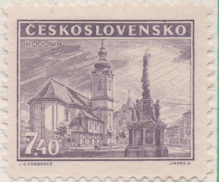 Sello E00371: hoja 27, Checoslovaquia:Sello Lila claro dentado. Ciudades (Hodonin), 7,40