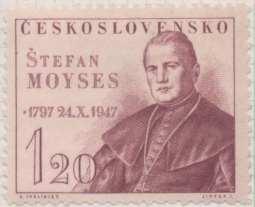 Sello E00392: hoja 28, Checoslovaquia: Sello Morado dentado. Aniv de Stefan Moyses, 1,20