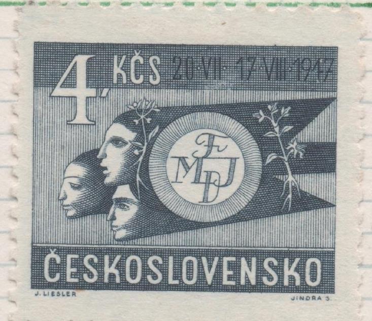 Sello E00391: hoja 28, Checoslovaquia: Sello Gris dentado. Festival de la juventud democrata, 4 Koruny