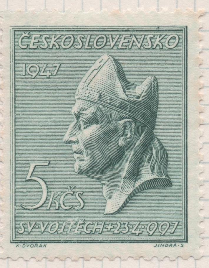 Sello E00386: hoja 28, Checoslovaquia: Sello Verde claro dentado. Martir San Adalbert, 5 Koruny