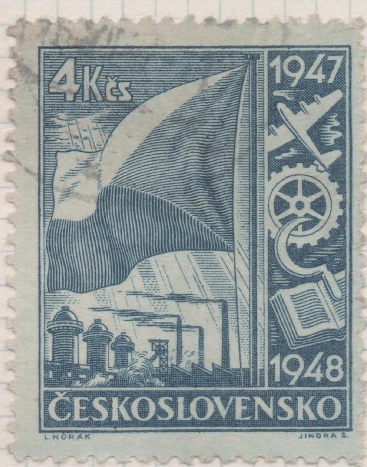 Sello E00383: hoja 28, Checoslovaquia: Sello Azul dentado. Serie Reconstrucción, 4 Koruny 