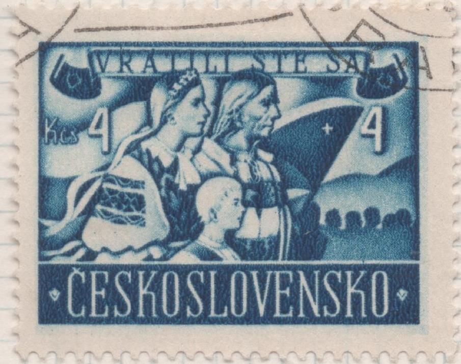 Sello E00376: hoja 27, Checoslovaquia: Sello Azul oscuro dentado. En honor a los repatriados, 4+4