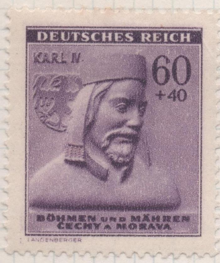 Sello E00287: hoja 24, Checoslovaquia: Sello Violeta dentado. Deutsches Reich, Karl, 60+40
