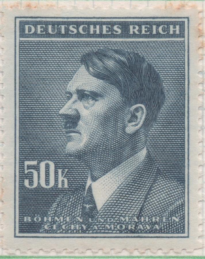 Sello E00285: hoja 23, Checoslovaquia: Sello Azul oscuro dentado. Busto de Hitler, 50 Korun