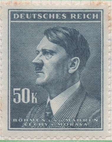 Sello E00285: hoja 23, Checoslovaquia: Sello Azul oscuro dentado. Busto de Hitler, 50 Korun