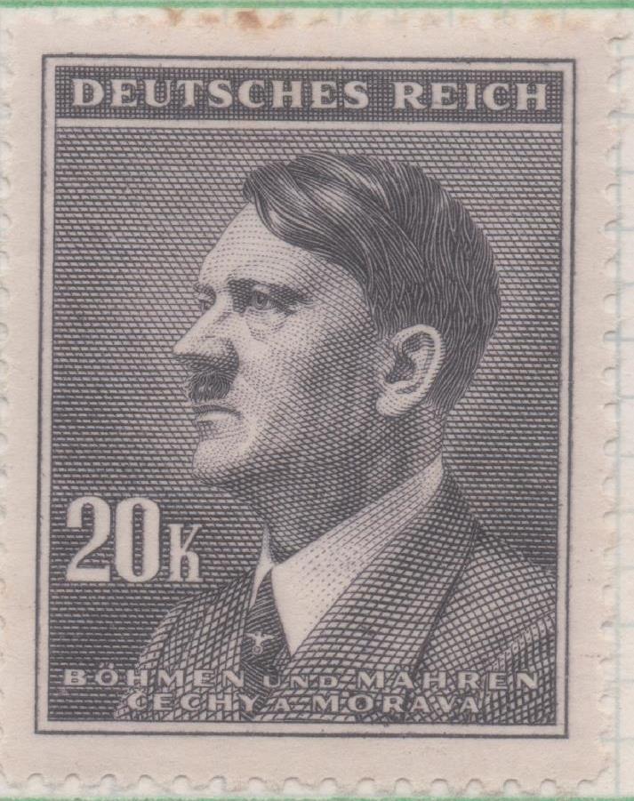 Sello E00283: hoja 23, Checoslovaquia: Sello Marron oscuro dentado. Busto de Hitler, 20 Korun