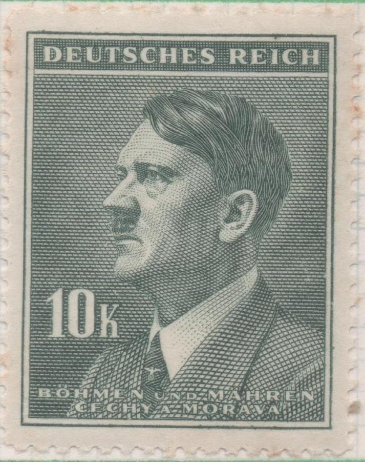 Sello E00282: hoja 23, Checoslovaquia: Sello Verde dentado. Busto Hitler, 10 Korun
