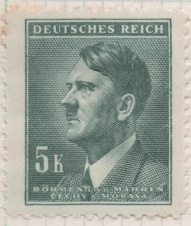 Sello E00279: hoja 23, Checoslovaquia: Sello Verde oscuro dentado. Busto de Hitler, 5 Koruny