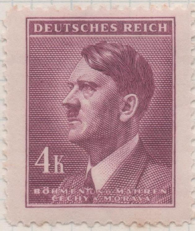 Sello E00278: hoja 23, Checoslovaquia: Sello Morado dentado. Busto de Hitler, 4 Koruny