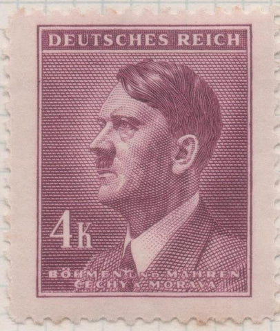 Sello E00278: hoja 23, Checoslovaquia: Sello Morado dentado. Busto de Hitler, 4 Koruny