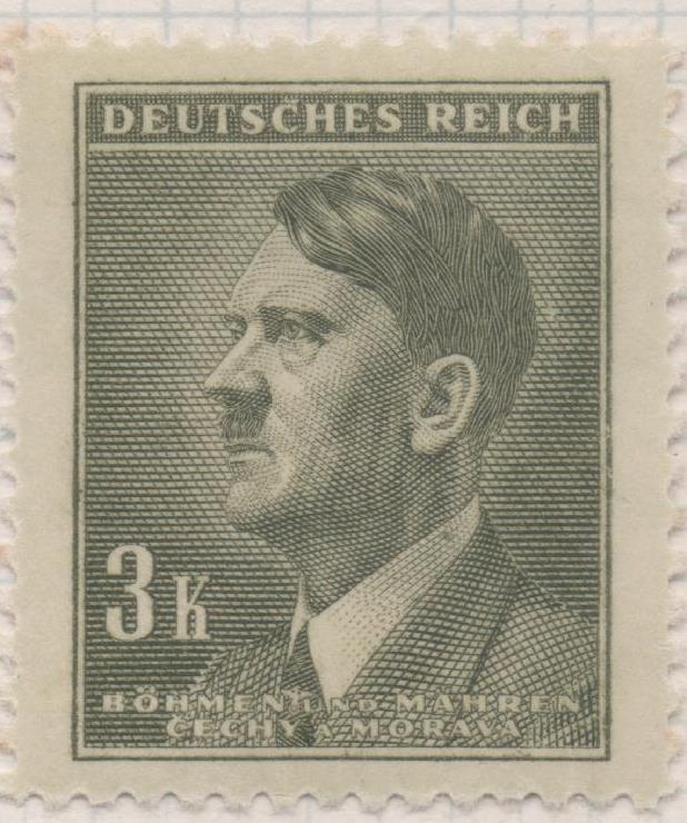 Sello E00277: hoja 23, Checoslovaquia: Sello Verde dentado. Busto de Hitler, 3 Koruny