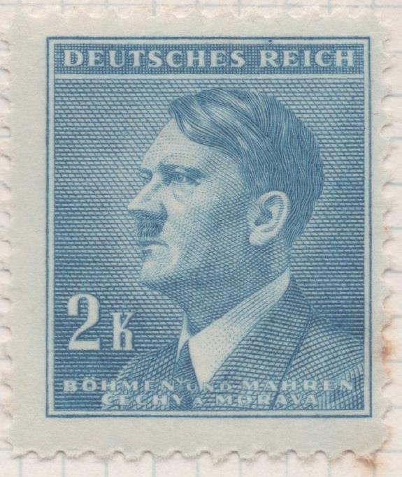 Sello E00274: hoja 23, Checoslovaquia: Sello Azul claro dentado. Busto de Hitler, 2 Koruny