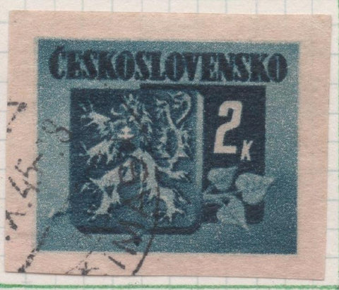 Sello E00305: hoja 25, Checoslovaquia: Sello Azul dentado. Emisión de Bratislava (Escudos de la Republica), 2 Koruny