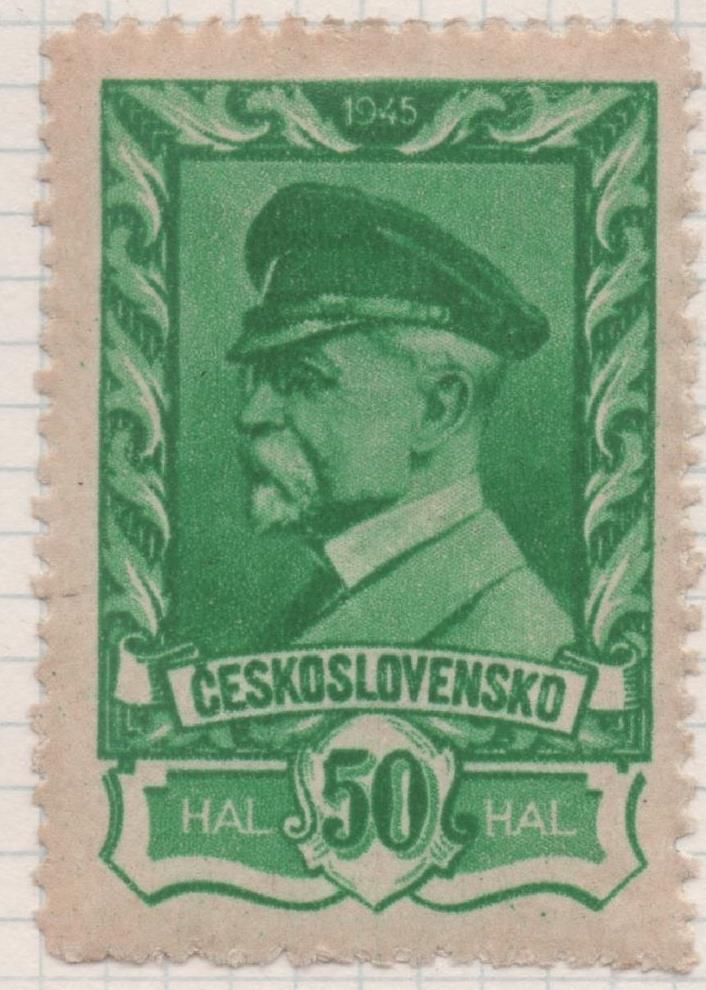 Sello E00324: hoja 25, Checoslovaquia: Sello Verde dentado. Emisión Moscú (Presidente Masaryk), 50 Haleru