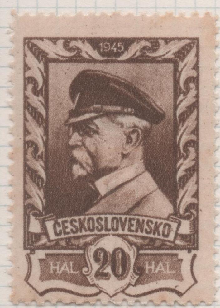 Sello E00323: hoja 25, Checoslovaquia: Sello Marron dentado. Emisión Moscú (Presidente Masaryk) 20 Haleru