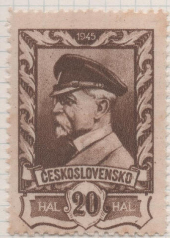 Sello E00323: hoja 25, Checoslovaquia: Sello Marron dentado. Emisión Moscú (Presidente Masaryk) 20 Haleru