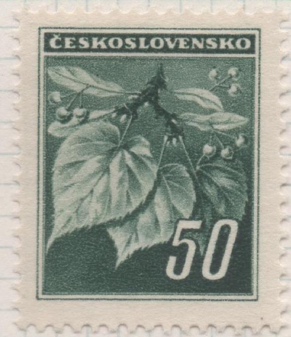 Sello E00314: hoja 25, Checoslovaquia: Sello Verde dentado. Flor de Tilo, 50