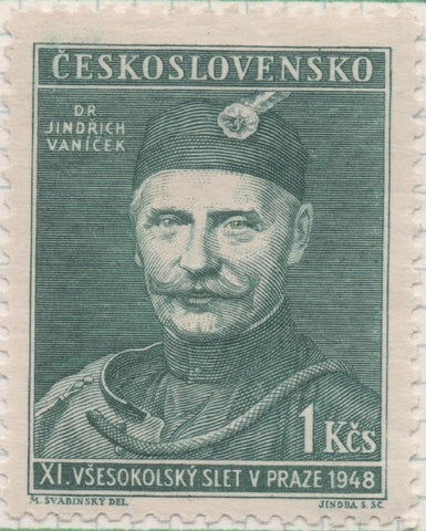 Sello E00404: hoja 29, Checoslovaquia: Sello Verde dentado.Dr. Jindrich Vanicek, 1 Koruna
