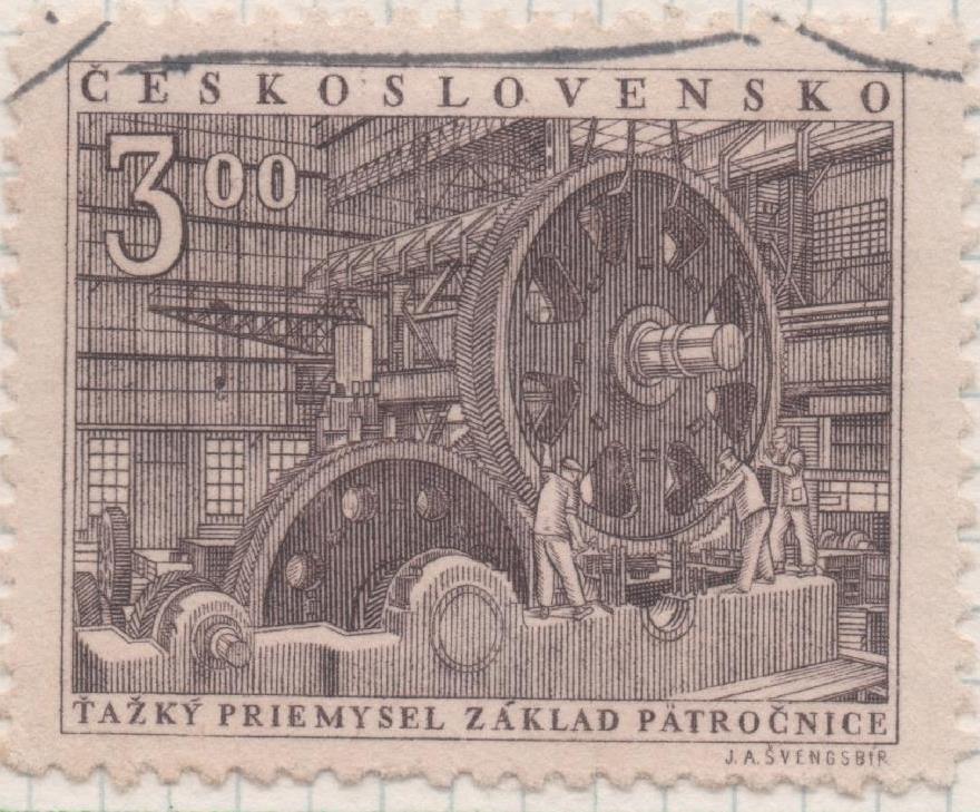 Sello E00496: hoja 34, Checoslovaquia: Sello Marron grisaceo dentado. Propagana Industrial, 3 Koruny