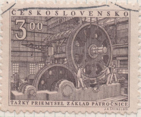 Sello E00496: hoja 34, Checoslovaquia: Sello Marron grisaceo dentado. Propagana Industrial, 3 Koruny