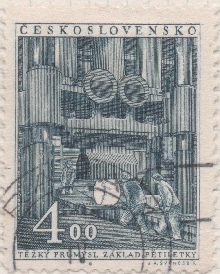 Sello E00495: hoja 34, Checoslovaquia: Sello Gris plomo dentado. Propaganda Industrial, 4 Koruny