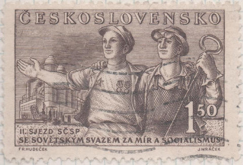 Sello E00488: hoja 34, Checoslovaquia: Sello Marron grisaceo dentado. 2º Cong. Checo-Sovietico, 1,50 Koruna