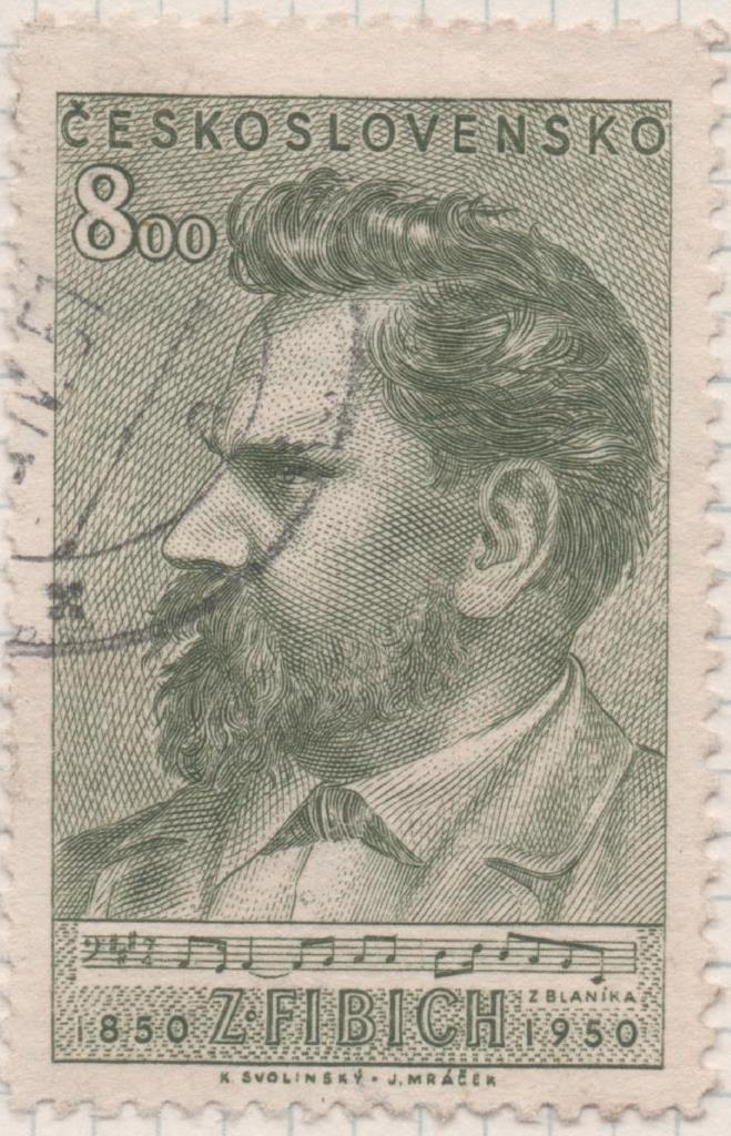 Sello E00483: hoja 33, Checoslovaquia: Sello Verde denbtado. Compositor Z. Fibich, 8 Koruny
