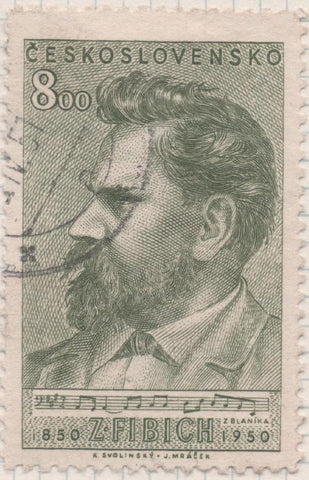 Sello E00483: hoja 33, Checoslovaquia: Sello Verde denbtado. Compositor Z. Fibich, 8 Koruny