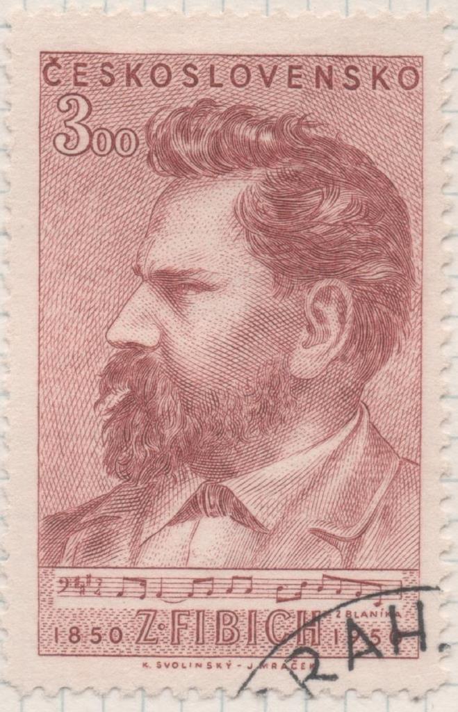 Sello E00482: hoja 33, Checoslovaquia: Sello Marron rojizo dentado. Compositor Z. Fibich, 3 Koruny