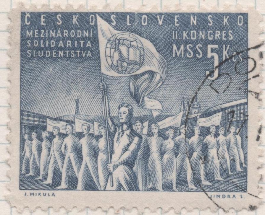 Sello E00481: hoja 33, Checoslovaquia: Sello Azul grisaceo dentado. 2º Cong mundial de estudiantes, 5 Koruny