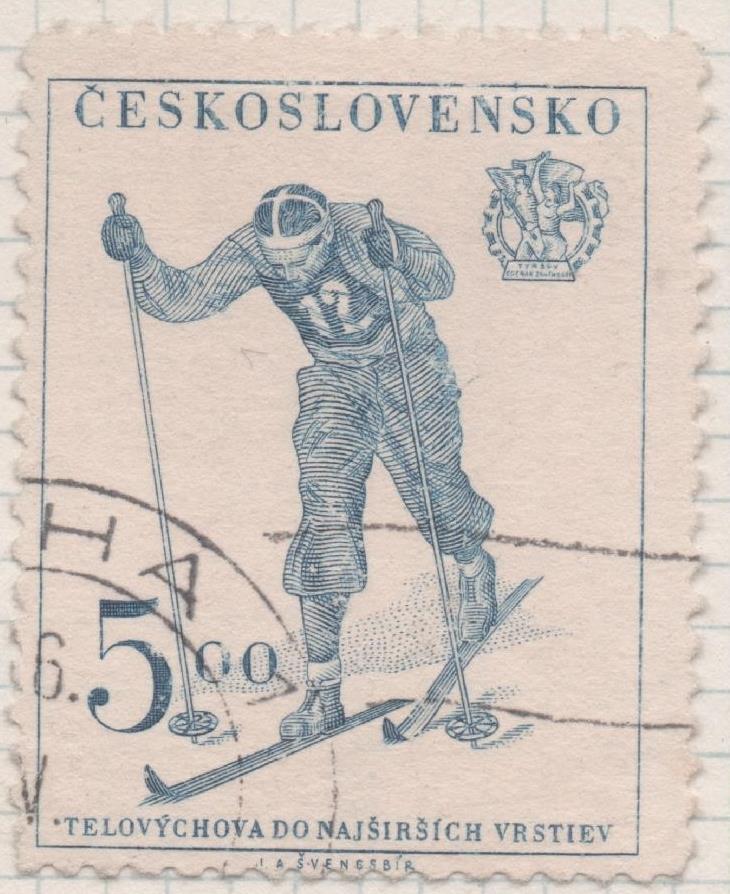 Sello E00518: hoja 36, Checoslovaquia: Sello Azul dentado. Serie deportiva (1ª), 5 Koruny