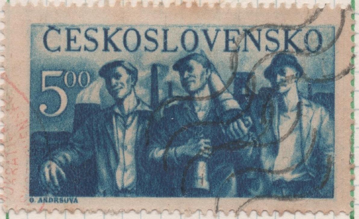 Sello E00473: hoja 32, Checoslovaquia: Sello Azul dentado. 5º Aniv del restablecimiento de Checoslovaquia. Esfuerzo de reconstrucción, 5 KORUNY