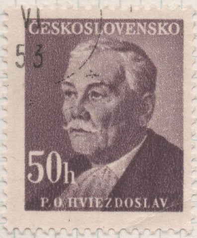 Sello E00435: hoja 30, Checoslovaquia: Sello Marron dentado. En honor a escritores nacionales (P.O Haviez Dosiav), 50 Haleru