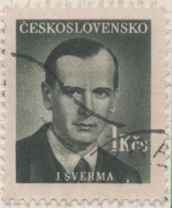 Sello E00437: hoja 30, Checoslovaquia: Sello Verde oscuro dentado. En honor a escritores nacionales (I Sverma), 1 Koruna