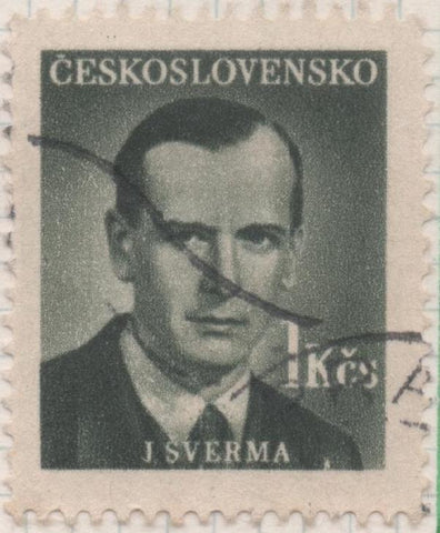 Sello E00437: hoja 30, Checoslovaquia: Sello Verde oscuro dentado. En honor a escritores nacionales (I Sverma), 1 Koruna