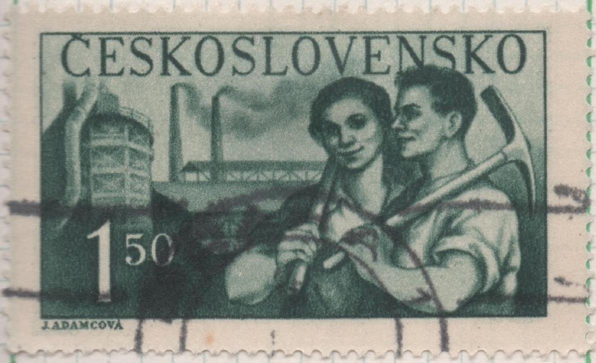 Sello E00470: hoja 32, Checoslovaquia: Sello Verde dentado.5º Aniv de l restablecimiento de Checoslovaquia. Esfuerzo de reconstrucción, 1,50 Koruna