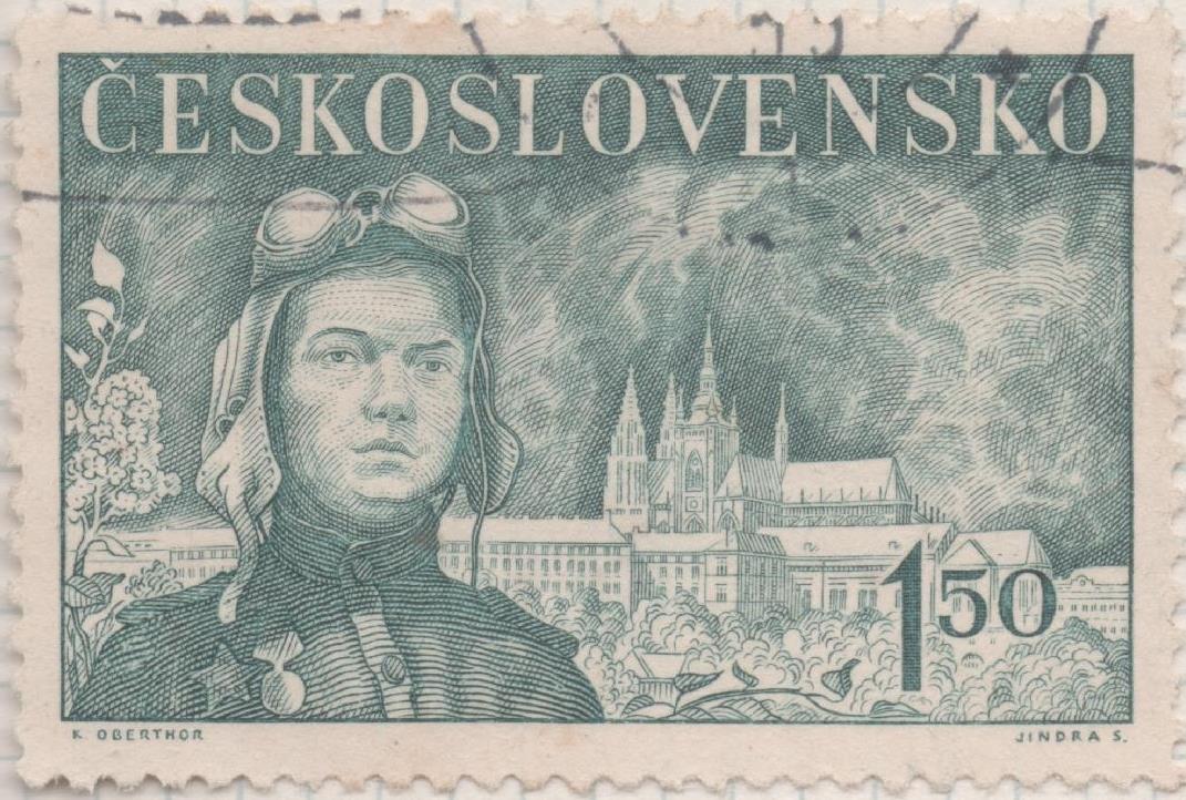 Sello E00467: hoja 32, Checoslovaquia: Sello Verde grisaceo dentado. 5º Aniv del restablecioneto de Checoslovaquia, 1,50 Koruna