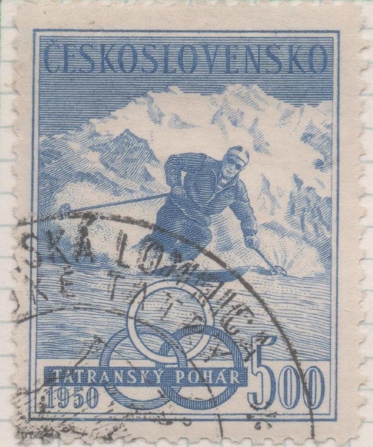 Sello E00465: hoja 32, Checoslovaquia: Sello Azul grisaceo dentado. Camp. Nacional de Esquí, 5 Koruny