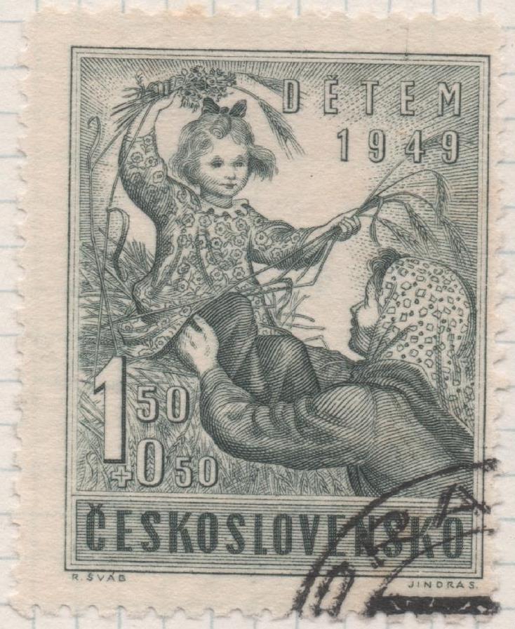 Sello E00460: hoja 32, Checoslovaquia: Sello Verde grisaceo dentado.A la Infancia, 1,50+0,50 Koruna